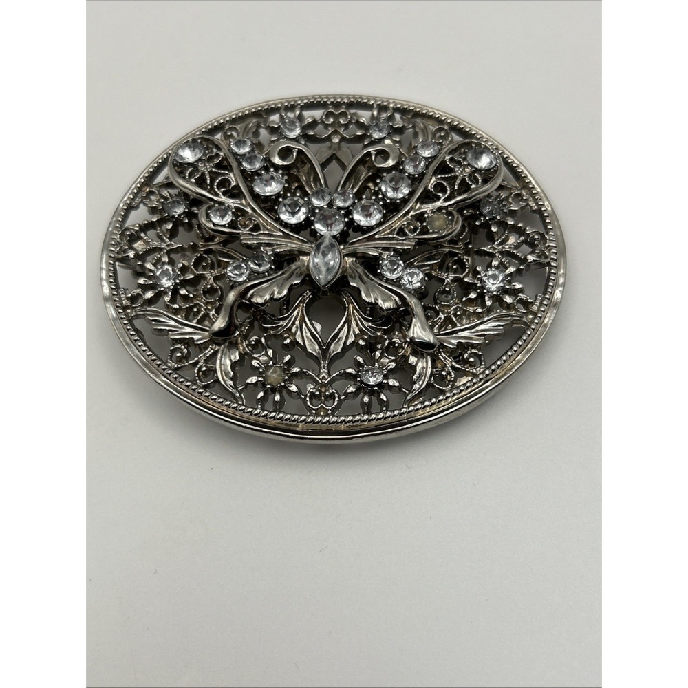 Vintage Filigree Rhinestone Belt Buckle-Ornate Silver Oval Western Style